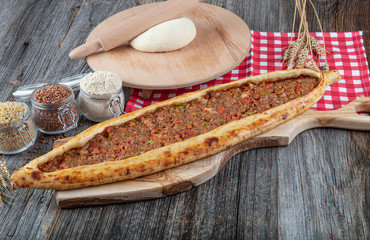 Turkish pide with minced meat, Kiymali Pide. Traditional Turkish cuisine. Turkish pizza Pita with...