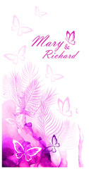 Wedding card with pink butterflies. Vector illustration