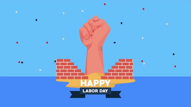 happy labor day celebration with hand fist and briks wall