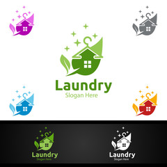 Eco Laundry Dry Cleaners Logo with Clothes, Water and Washing Concept