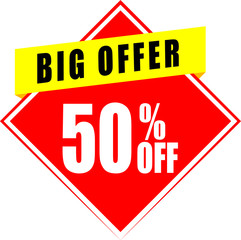 Sale tag, discount 50% off, isolated sticker, banner design template, vector illustration