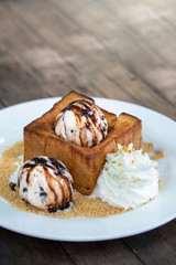 Honey toast with ice cream vanilla chocolate topping