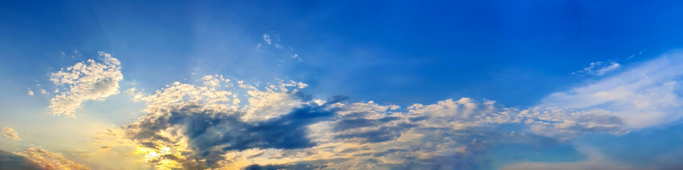Twilight panorama sky background with colorful cloud in dusk. Panoramic image.