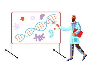 Male scientist in lab coat shows with pointer on board