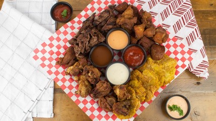 Steak, wings, meat, fried plantain