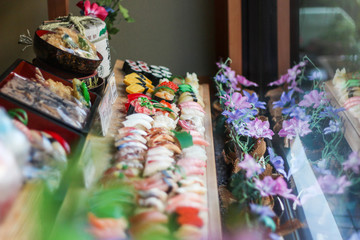 Plastic sushi on display in a shop window in Japan