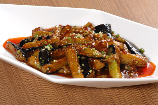 Close up of one of the most popular Chinese Sichuan province cuisine Fish flavored  eggplants with Minced Pork in Garlic Sauce  (Chinese: Yuxiangqiezi)