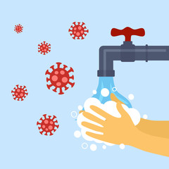 Wash hand concept vector illustration. A man or woman washing hands under faucet with soap and water. Covid-19 Coronavirus protection healthcare in flat design.	
