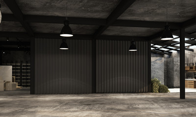 Modern industrial warehouse with working space and living area factory with concrete and metal texture interior design 3d rendering