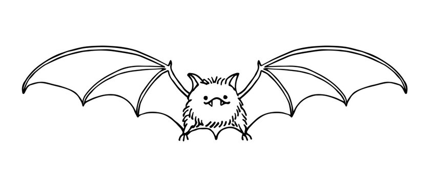cute funny bat, bloodsucker, symbol of vampire, midnight & halloween holiday, pet, vector illustration with black ink contour lines isolated on a white background in a doodle & hand drawn style