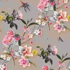 Tapeten Orchidee Aquarellmalerei des Blattes und der Blumen, nahtloser Musterhintergrund
