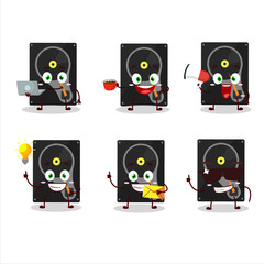 Hardisk cartoon character with various types of business emoticons