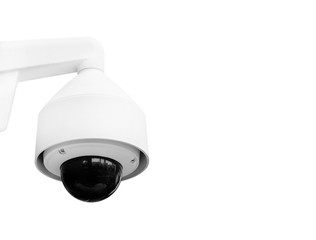 Modern public CCTV camera on wall isolated on white background. Intelligent recording cameras for...