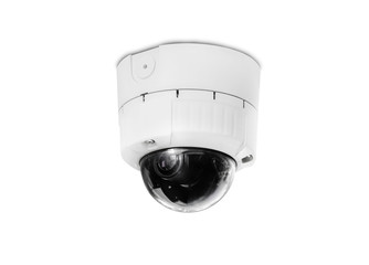 Modern public CCTV camera on wall isolated on white background. Intelligent recording cameras for monitoring all day and night. Concept of surveillance and monitoring with clipping path copy space.