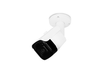 Modern public CCTV camera on wall isolated on white background. Intelligent recording cameras for monitoring all day and night. Concept of surveillance and monitoring with clipping path copy space.