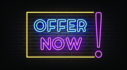 Offer now neon signs vector. Design template neon sign