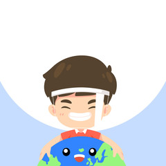 Cute boy hugging the world and smile