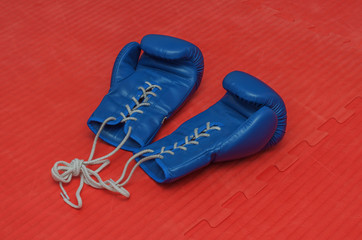 two blue gloves for boxing, red background
