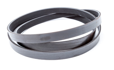 V-ribbed engine belt made of black rubber on a white isolated background in a photo studio of auto...