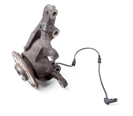 Metal wheel hub with abs sensor on a white isolated background in a photo studio of auto parts for...