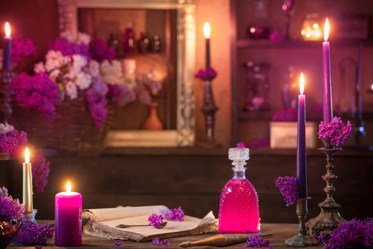magic potion of lilac flowers in the witch's house