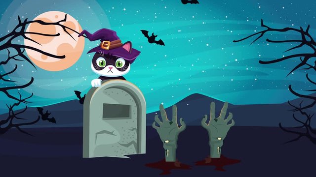 happy halloween animated scene with little cat wearing witch hat in cemetery