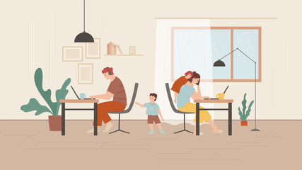 Freelance and remote job concept. Mother and father working from home with kids. Children require attention from parents. Unhappy family. Self employed character. Vector illustration in flat style. 