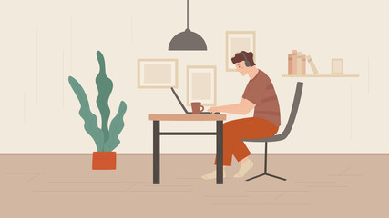 Fototapeta premium Young guy works at home at the table. Happy freelancer in earphones. Colorful hand drawn vector illustration. Remote work or learning concept. Online education. Student in interior.