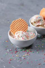 Birthday cake ice cream on light background