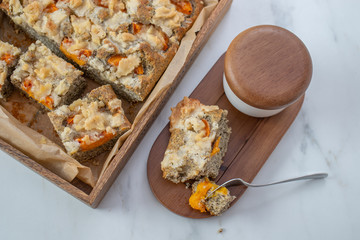 home made poppy seed pie with apricot and crumble