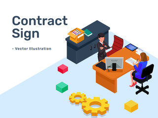 Business worker do contract sign in the desk. Group of people with workspace, computer, sign paper, cupboard. Office culture illustration concept. Vector