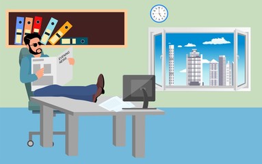 Businessman or clerk in the office, with legs on the desk, reading newspaper, take break from work, vector illustration