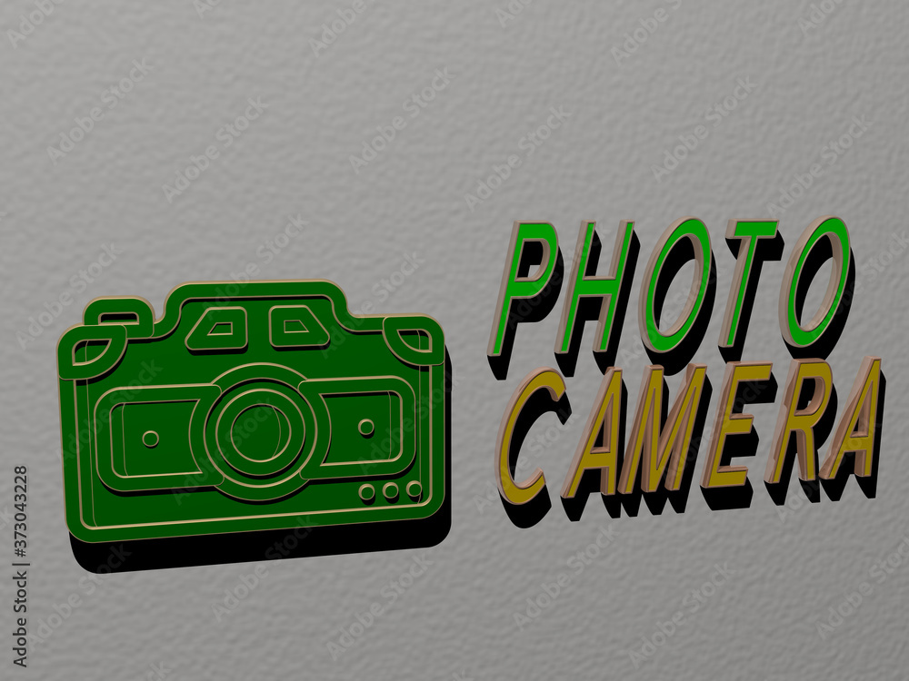 Aufkleber 3d representation of photo camera with icon on the wall and text arranged by metallic cubic letters 