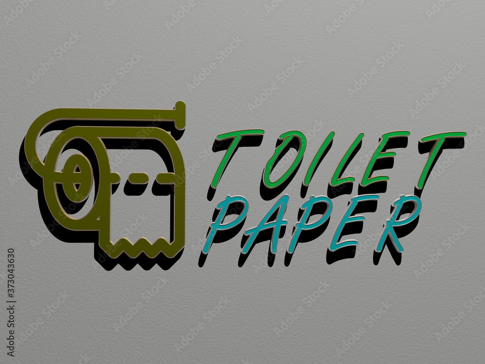 Poster 3d graphical image of toilet paper vertically along with text built by metallic cubic letters from t