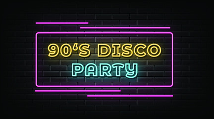 90s disco party neon signs vector. Design template neon sign
