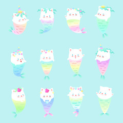 Kitten mermaids. Set of kawaii white cat mermaids on mint background. Vector 10 EPS.