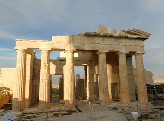 The monumental gateway to the ancient Acropolis of Athens, or Propylaea, in Greece