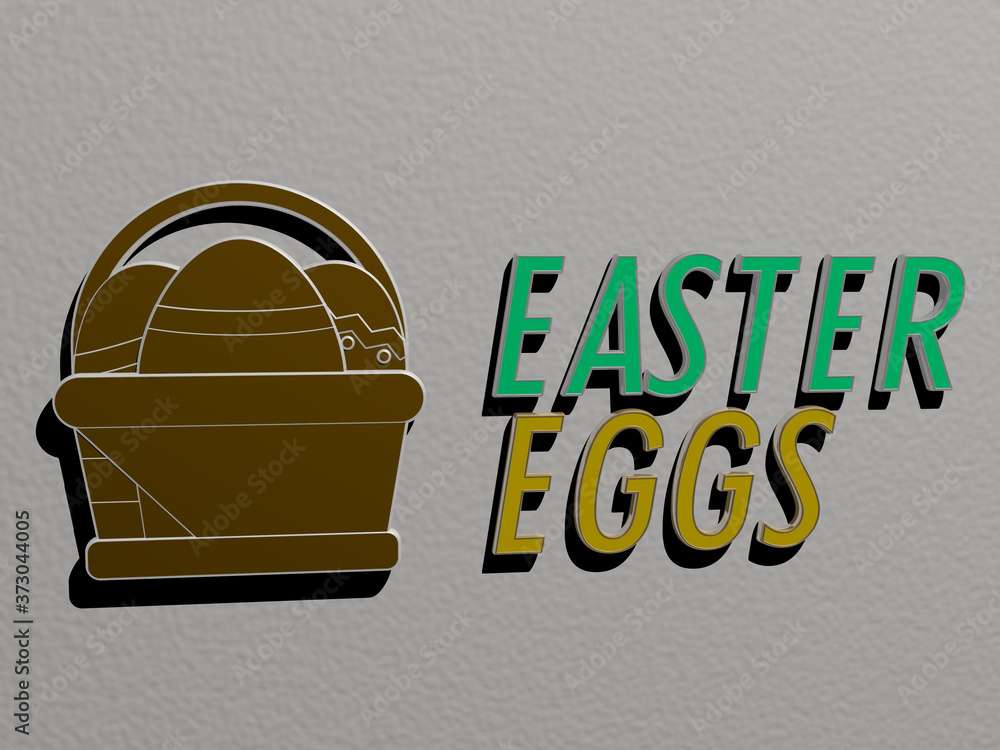 Poster 3d representation of easter eggs with icon on the wall and text arranged by metallic cubic letters o