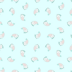 Kawaii pattern. Illustration of happy kitten mermaids with pink tails on a light mint background. Vector 8 EPS.