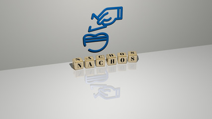 NACHOS text of cubic dice letters on the floor and 3D icon on the wall, 3D illustration