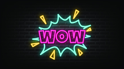 Wow neon signs vector. Design template neon sign