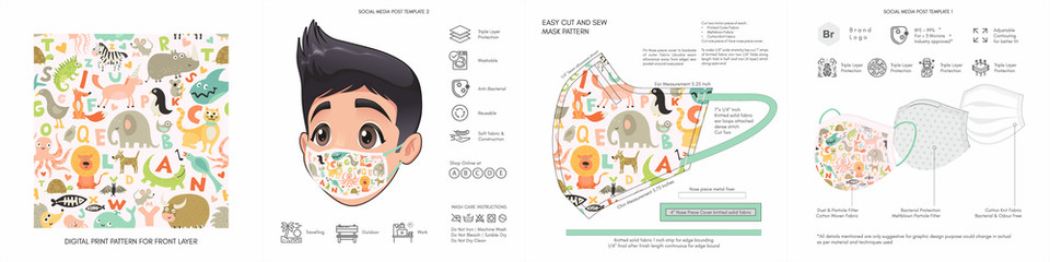 Kids, Comic, Cartoon, Back to School, Cute Background Patterns & Prints, Seamless Design for Face Mask, Fashion, Clothing, Fabric, Mockup Template Protective Face Mask Seamless Vector, Abstract 