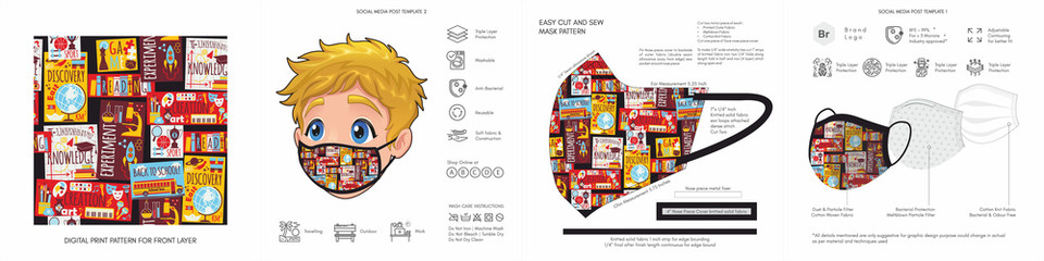 Kids, Comic, Cartoon, Back to School, Cute Background Patterns & Prints, Seamless Design for Face Mask, Fashion, Clothing, Fabric, Mockup Template Protective Face Mask Seamless Vector, Abstract 