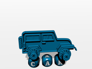 CAR cubic letters with 3D icon on the top, 3D illustration