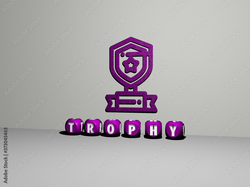 Poster 3d representation of trophy with icon on the wall and text arranged by metallic cubic letters on a m