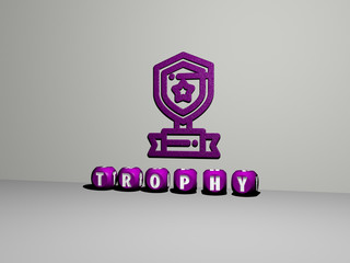 3D representation of trophy with icon on the wall and text arranged by metallic cubic letters on a mirror floor for concept meaning and slideshow presentation, 3D illustration