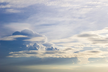 blue sky background with strangely shaped clouds, copy space.