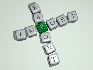 IMPORT EXPORT crossword by cubic dice letters, 3D illustration