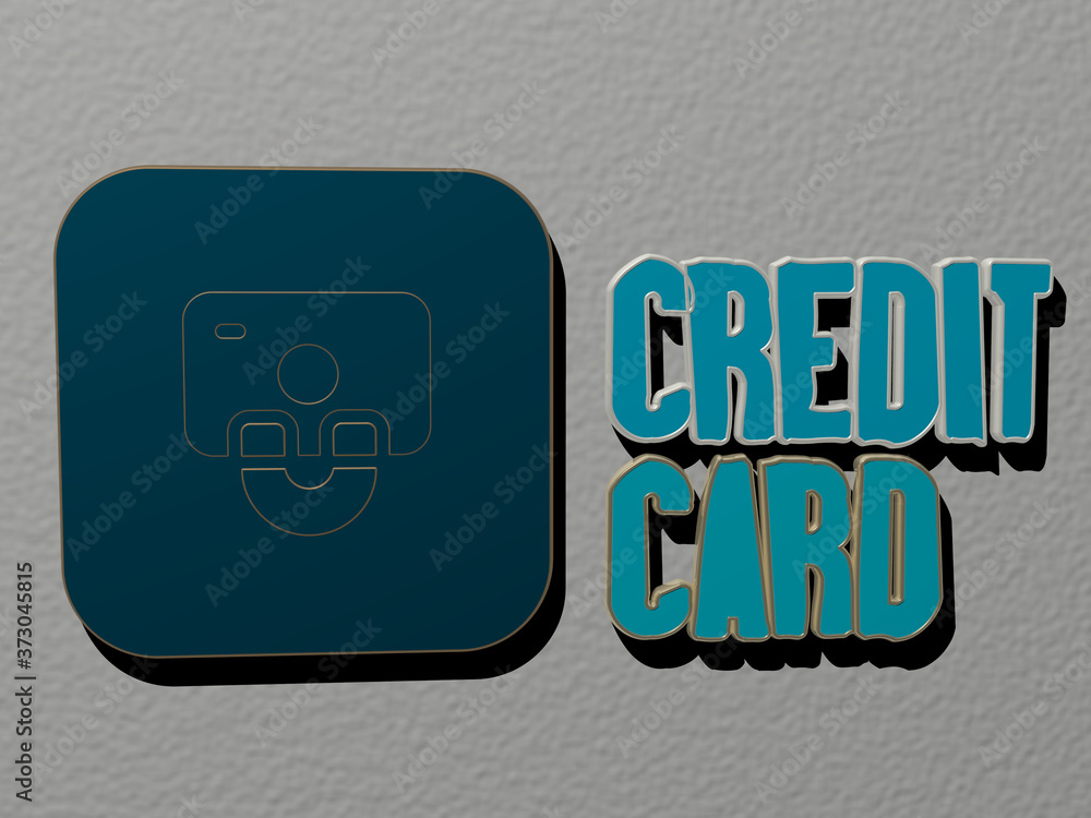 Poster 3d representation of credit card with icon on the wall and text arranged by metallic cubic letters o