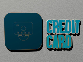 3D representation of credit card with icon on the wall and text arranged by metallic cubic letters...